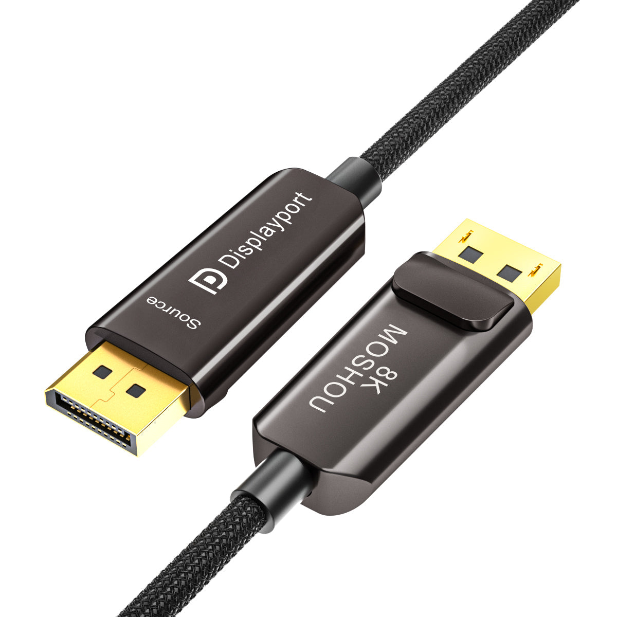 Close-up of MOSHOU DisplayPort 2.1 optical cable connector housings