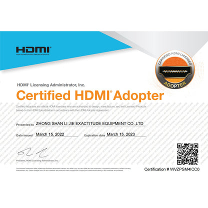 HDMI adopter certificate information supplied with MOSHOU product materials