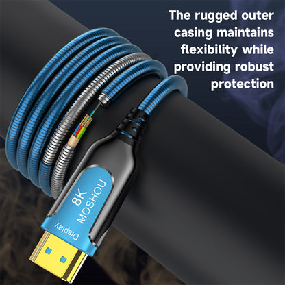 Flexible blue armored MOSHOU HDMI optical cable routed around a display