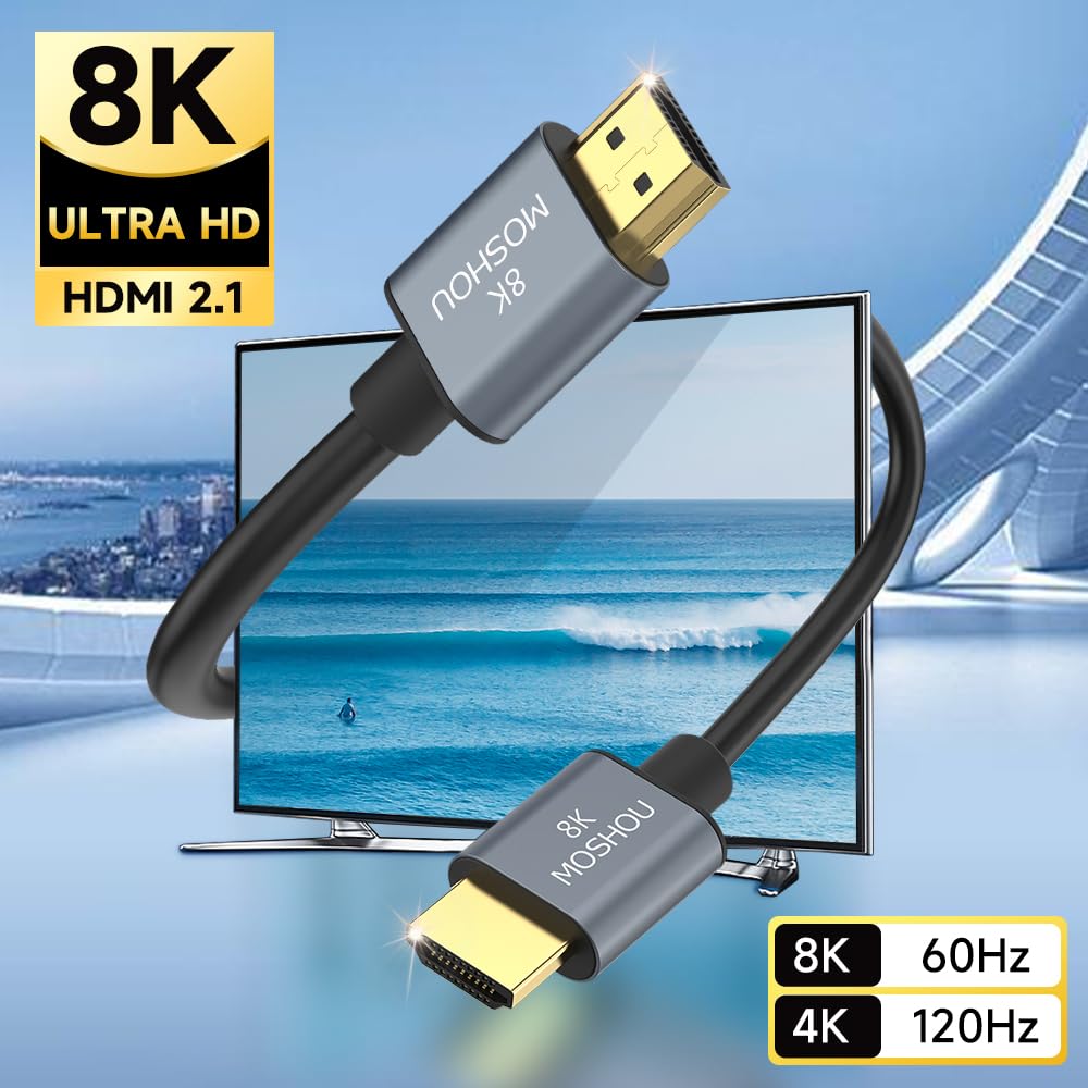 Ultra-slim MOSHOU HDMI cable connecting an 8K display