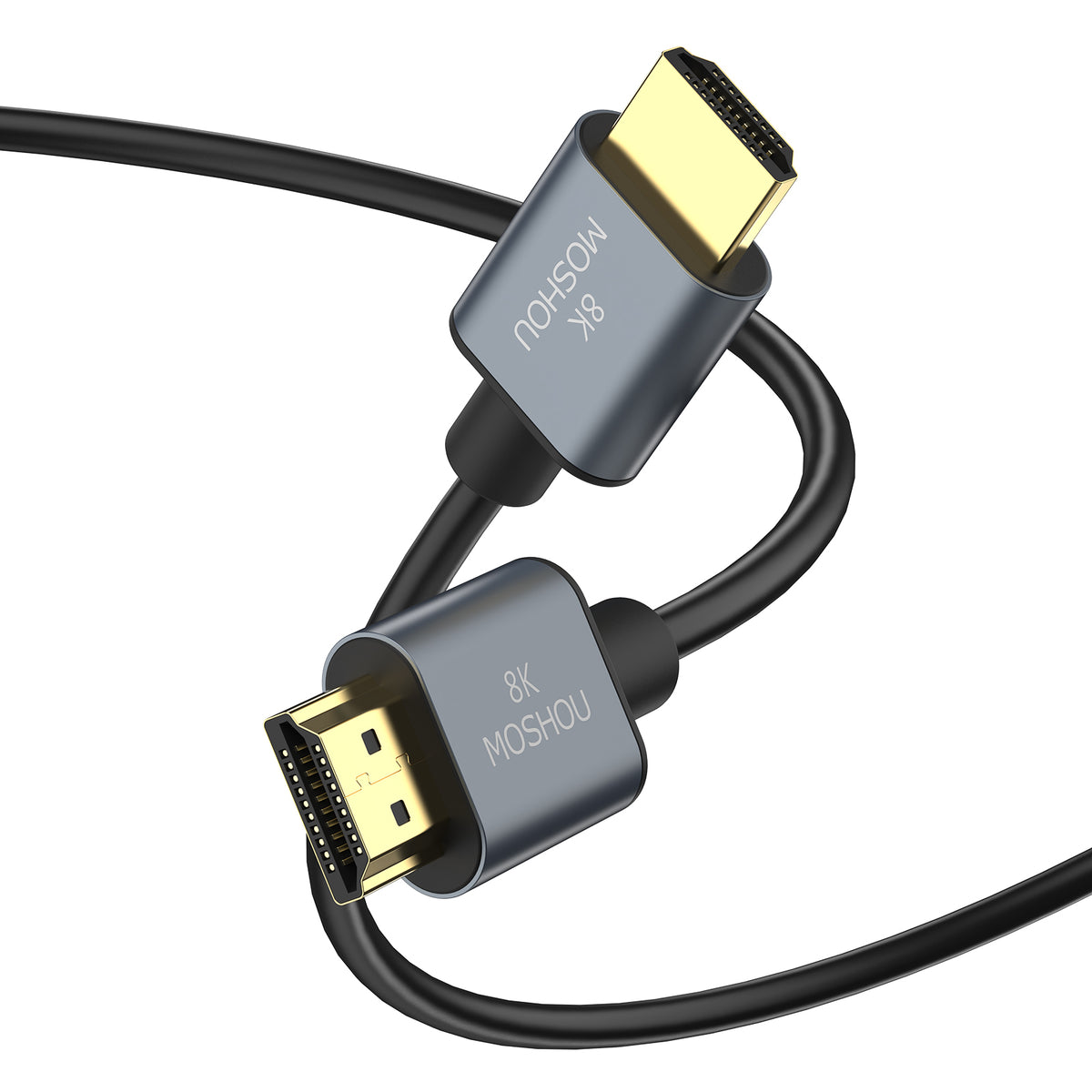 Flexible HDMI 2.1 cable with compact metal connector housings