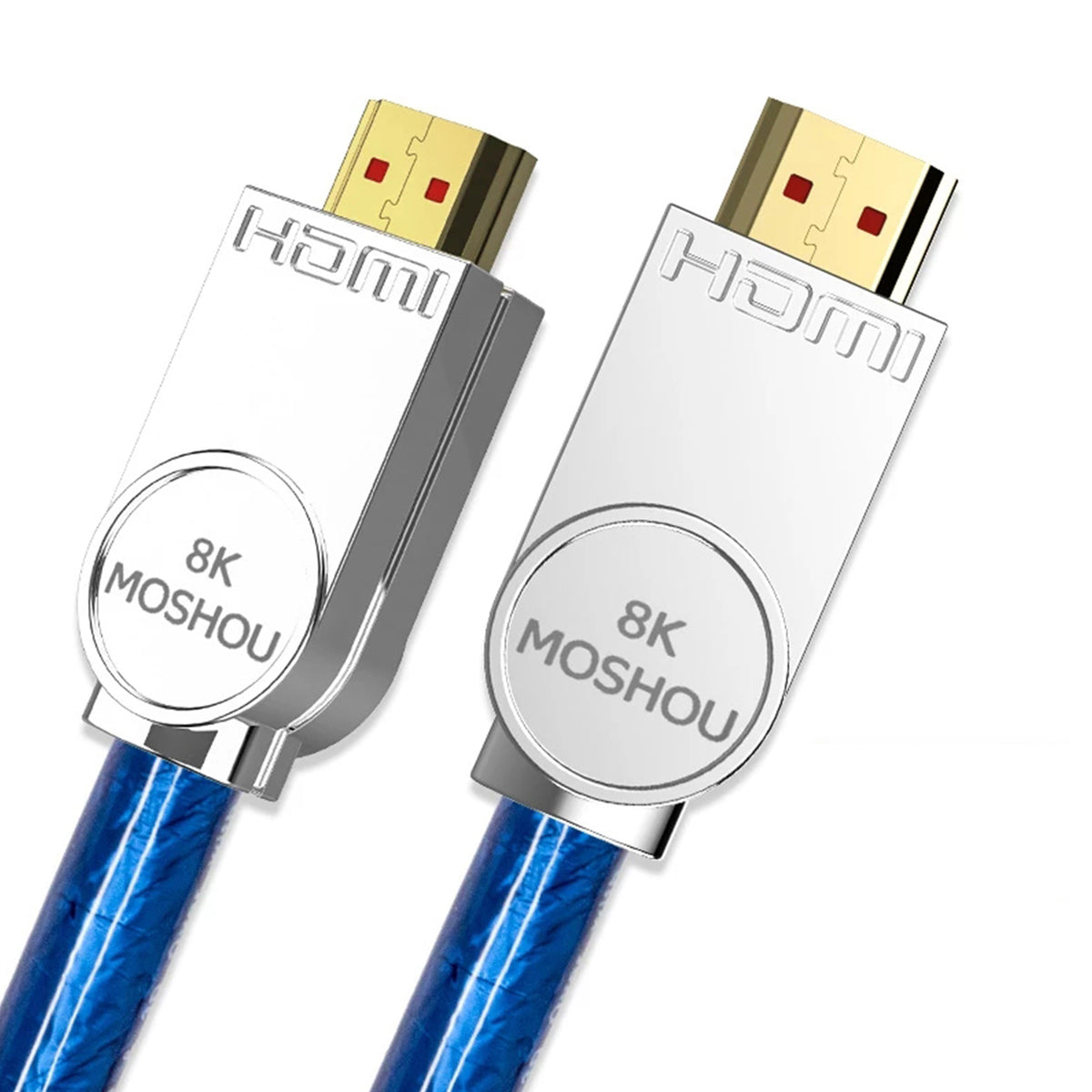 Angled view of MOSHOU transparent blue HDMI 2.1 connectors