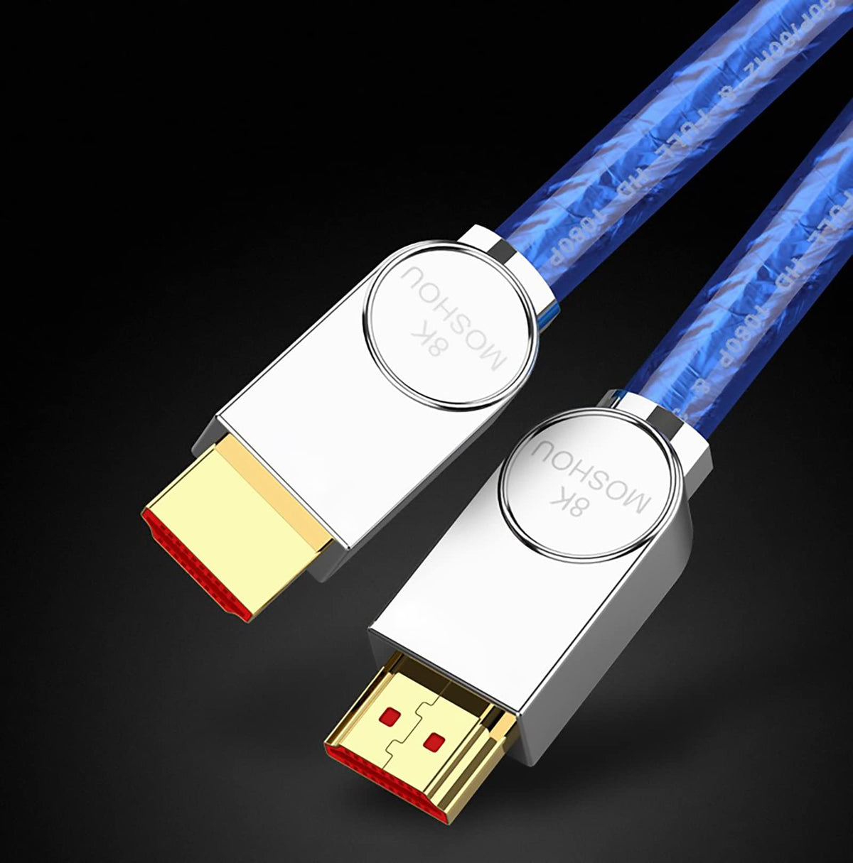 Transparent blue HDMI 2.1 cable with round silver connector design