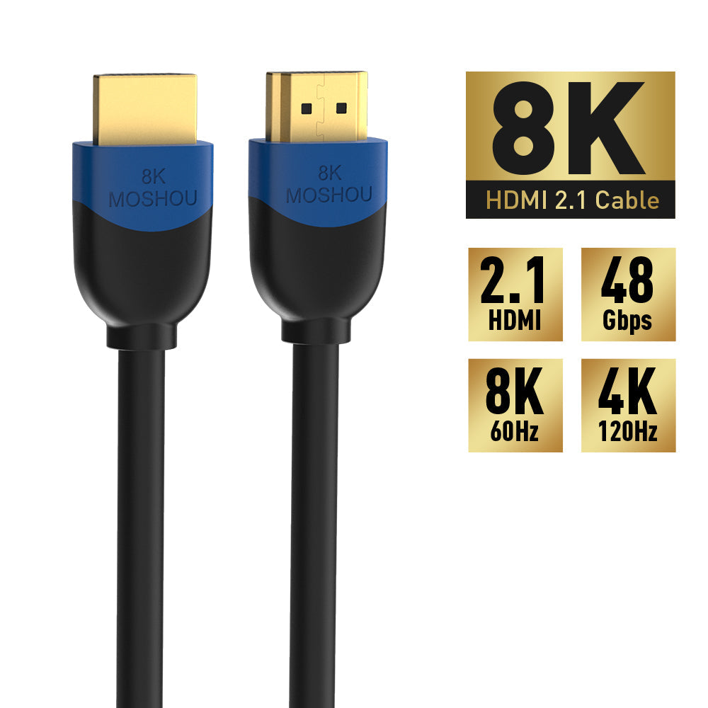 Front view of MOSHOU HD-065 HDMI 2.1 cable with 8K60 and 4K120 icons