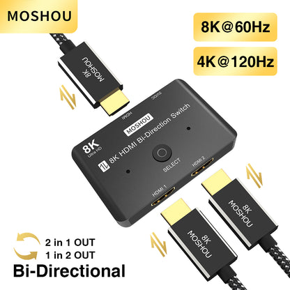 MOSHOU HDMI 2.1 bidirectional switch with three HDMI cables, 8K 60Hz and 4K 120Hz