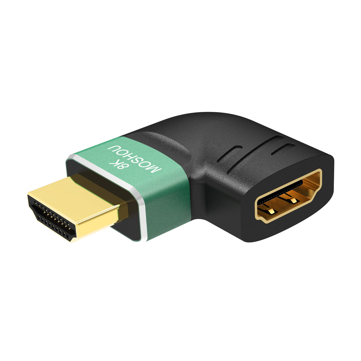 MOSHOU 90-degree side-angle HDMI male-to-female adapter on a white background