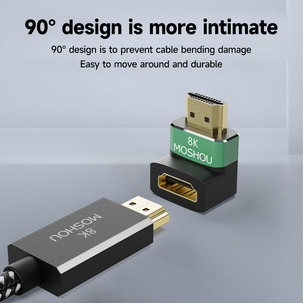 90-degree HDMI adapter creating a cleaner cable path at an HDMI port