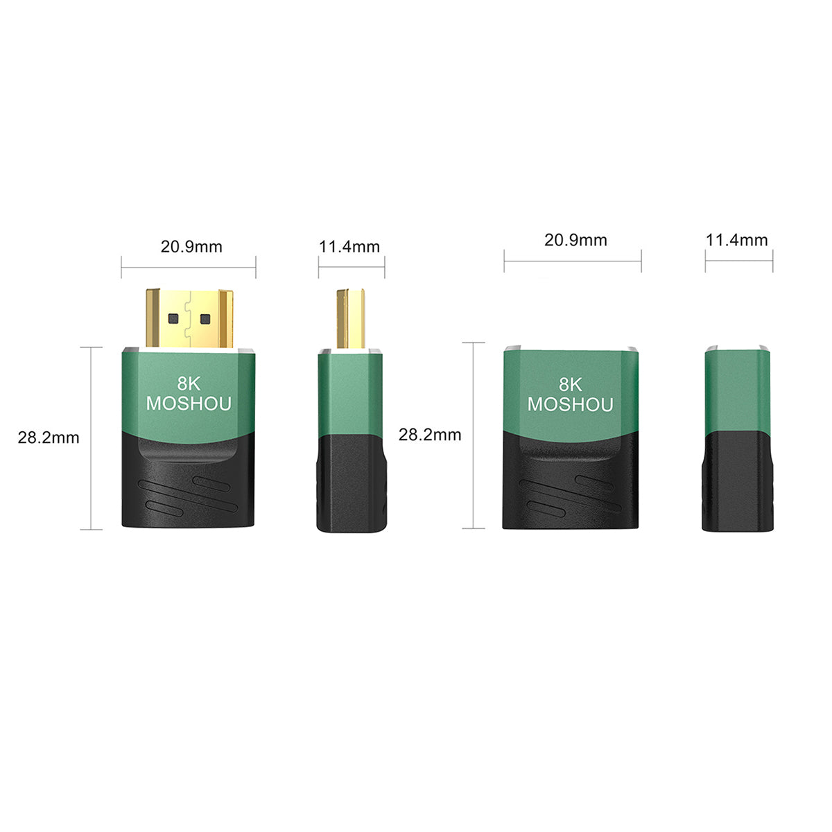 Dimensions of MOSHOU HDMI male-to-female and female-to-female adapters