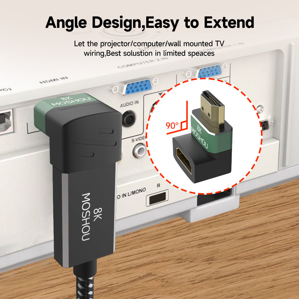 MOSHOU angled HDMI adapter reducing cable bend behind a wall-mounted TV