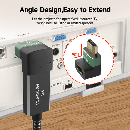 MOSHOU angled HDMI adapter reducing cable bend behind a wall-mounted TV