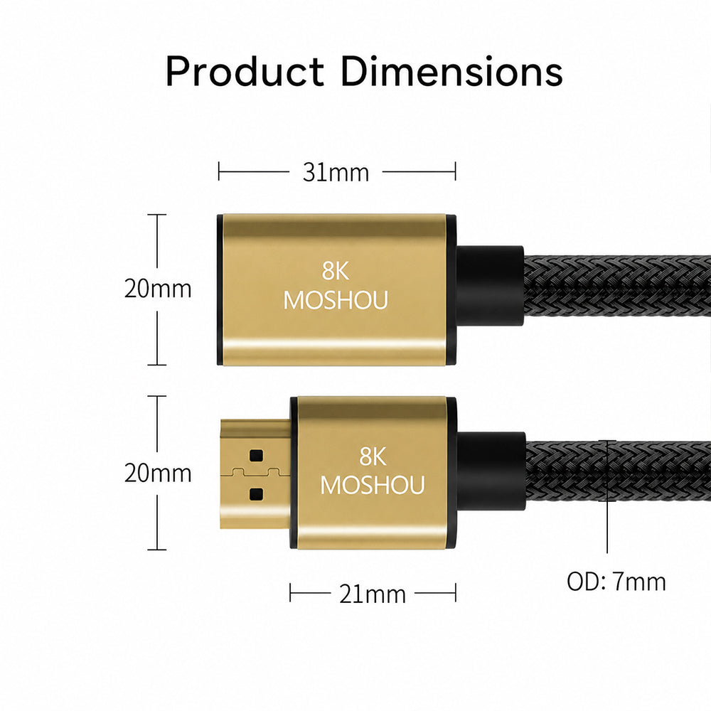 MOSHOU HDMI extension cable connector dimensions and 7mm cable diameter