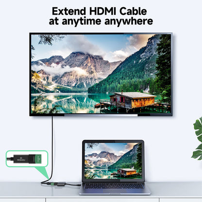 HDMI male-to-female adapter extending an HDMI connection between a laptop and display