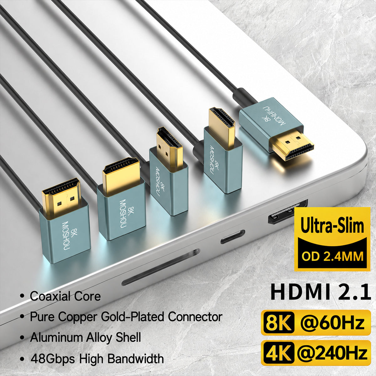 Five MOSHOU HDMI connector styles for straight and space-saving installations