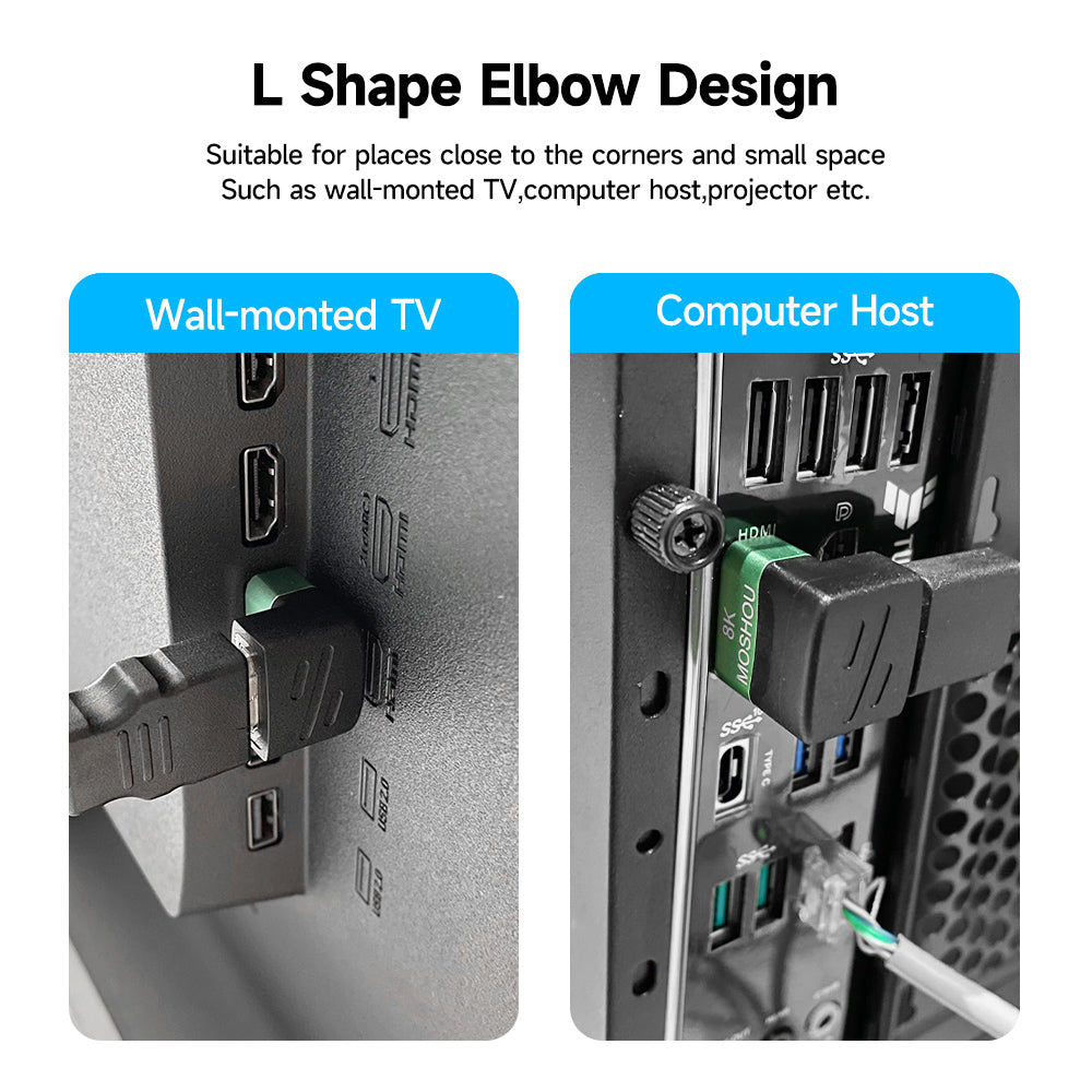L-shaped HDMI adapter used in tight spaces behind a TV and desktop computer