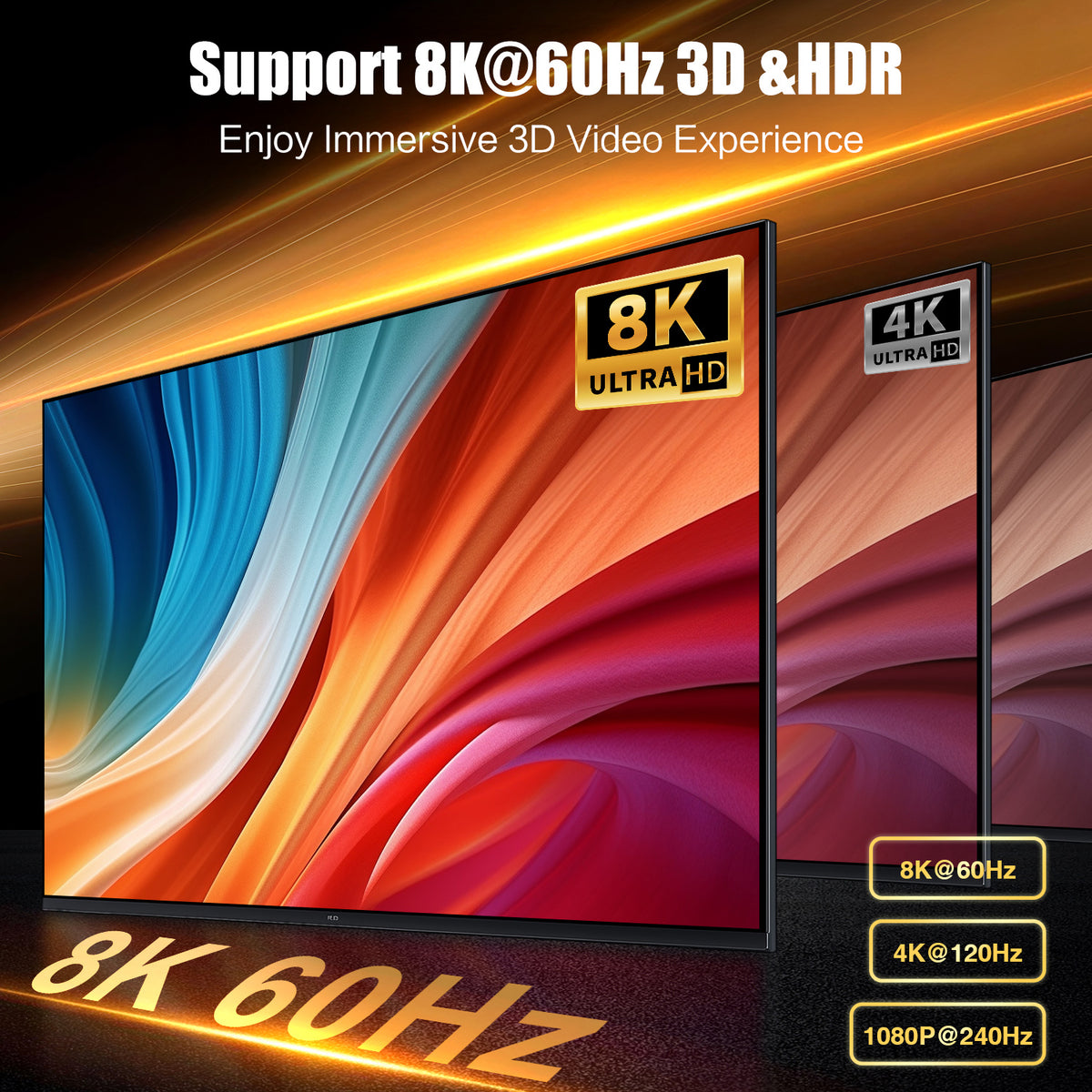 8K 60Hz and 4K 120Hz HDR display support graphic for MOSHOU HDMI 2.1 switch