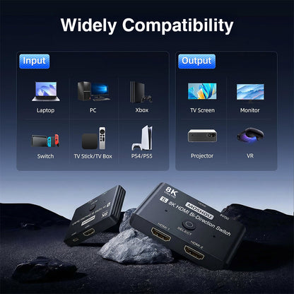 MOSHOU 8K HDMI bidirectional switch compatibility with computers, consoles, TVs, monitors and projectors