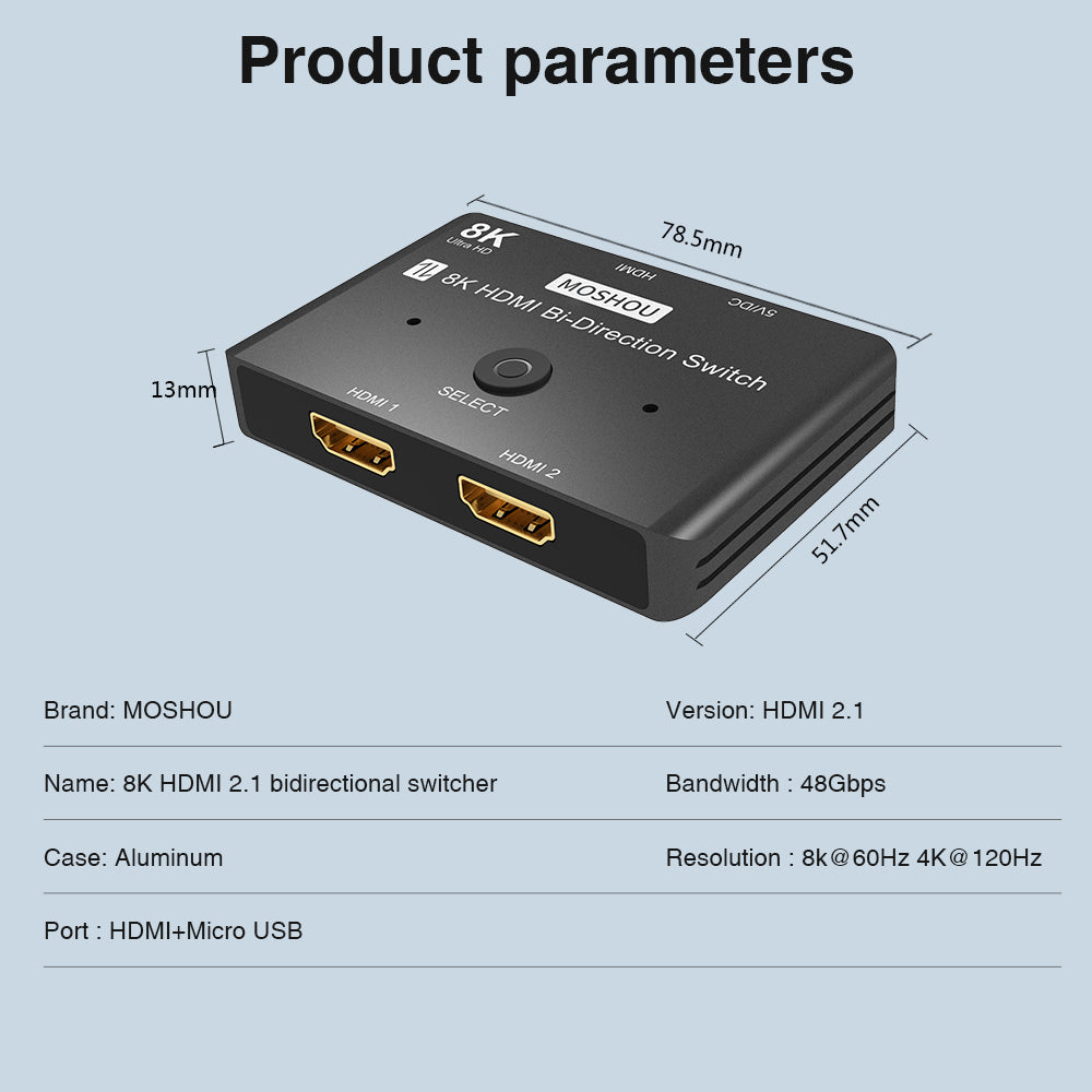MOSHOU HDMI 2.1 switch dimensions and 48Gbps aluminum housing specifications