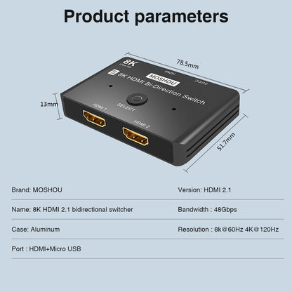 MOSHOU HDMI 2.1 switch dimensions and 48Gbps aluminum housing specifications