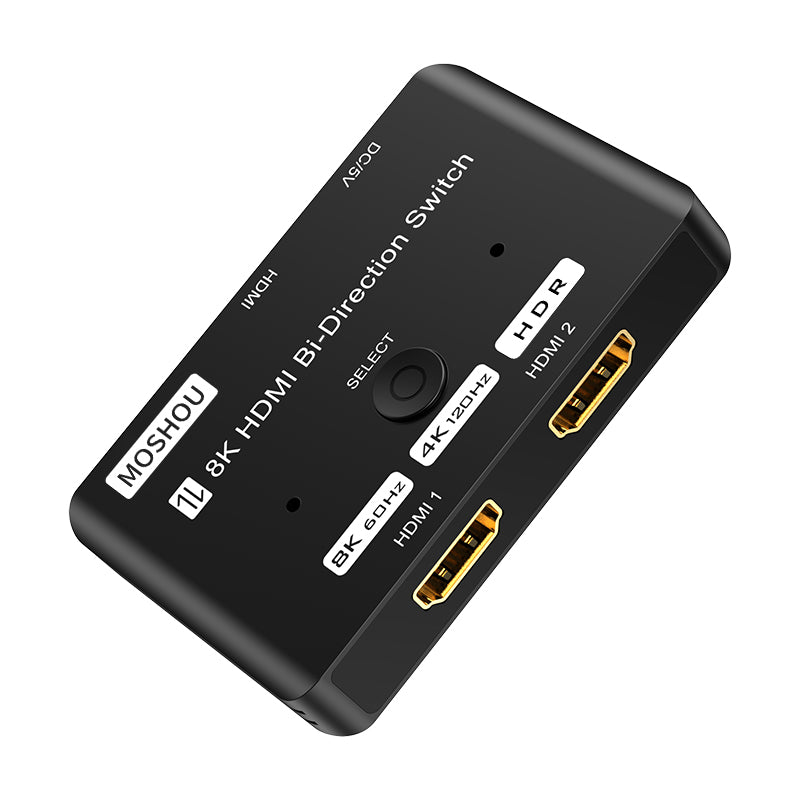 Front view of MOSHOU HDMI switch showing HDMI 1, HDMI 2 and manual SELECT button