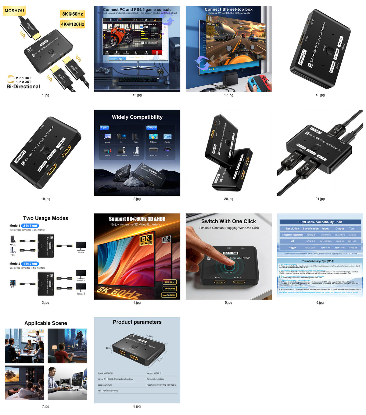 Overview of MOSHOU HDMI 2.1 bidirectional switch product images and features