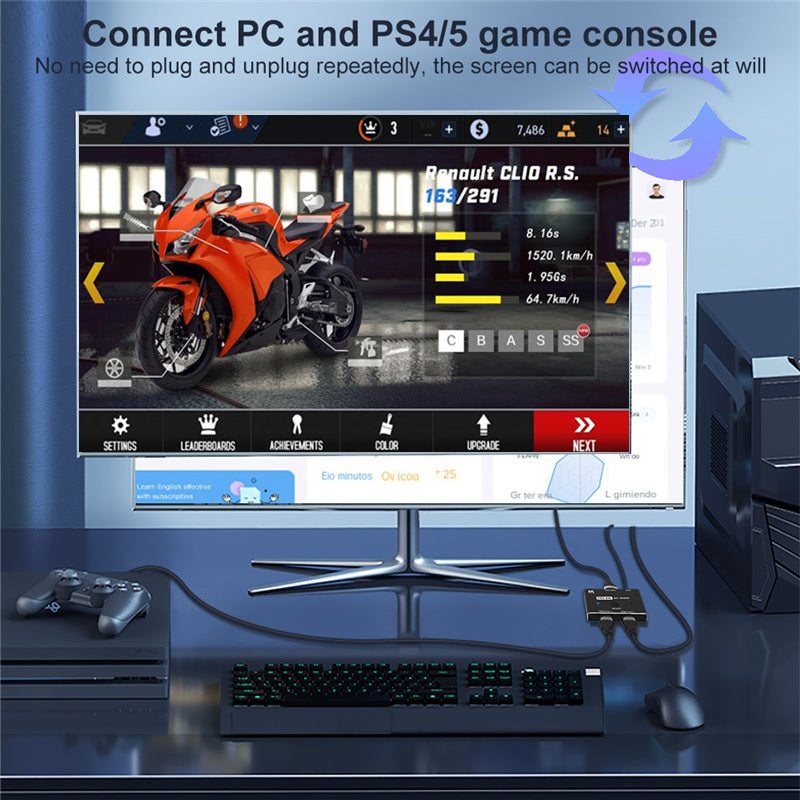 Computer and game console connected through MOSHOU HDMI switch to one monitor
