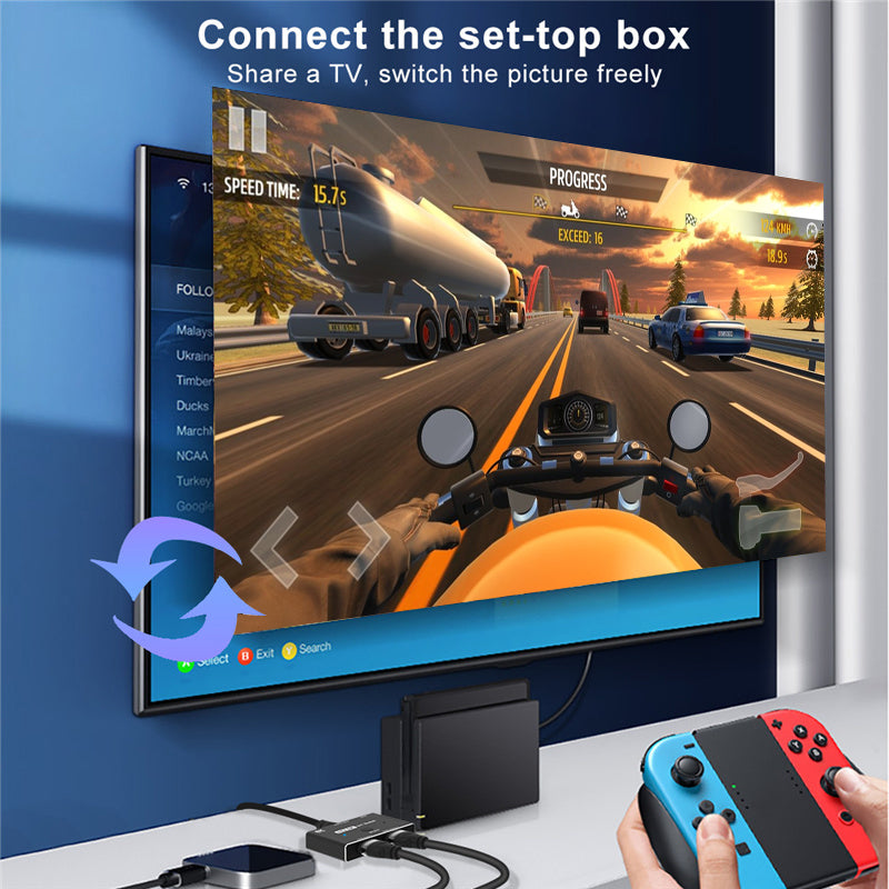 Set-top box and Nintendo Switch sharing a TV through MOSHOU HDMI selector
