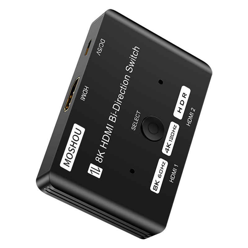 Top and rear view of MOSHOU 8K HDMI bidirectional switch with HDMI and Micro USB ports