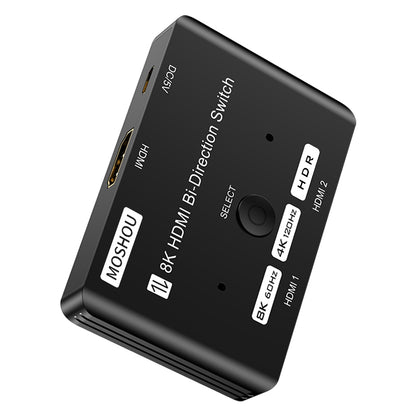 Top and rear view of MOSHOU 8K HDMI bidirectional switch with HDMI and Micro USB ports