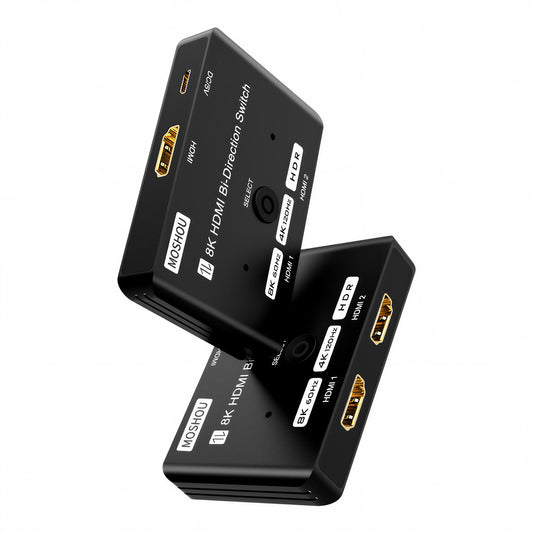 Two MOSHOU 8K HDMI bidirectional switches showing compact aluminum enclosure