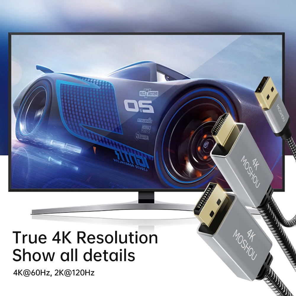 HDMI to DisplayPort cable showing 4K60 and 2K120 video output