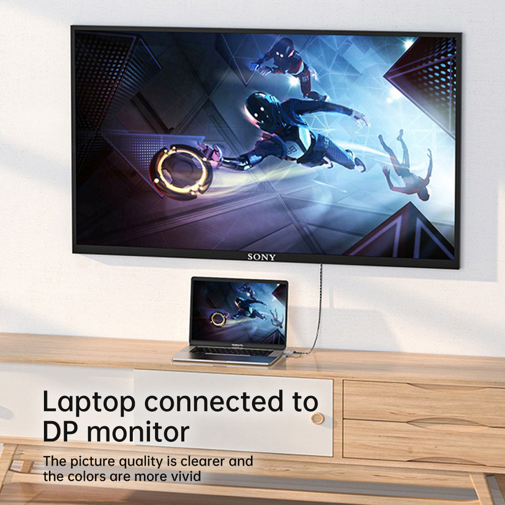 Laptop connected to a DisplayPort monitor using MOSHOU HDMI to DP cable