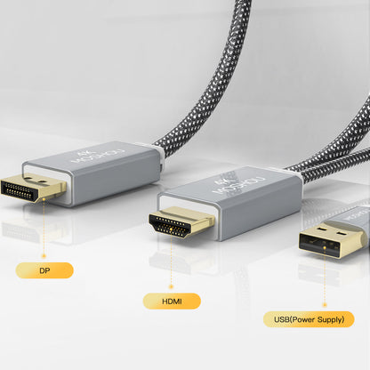 Close-up of HDMI input, DisplayPort output and USB power connectors