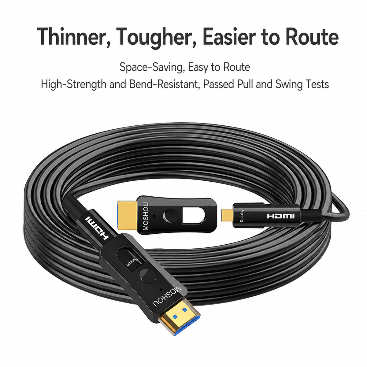 Coiled MOSHOU 4K HDMI fiber optic cable for long-distance installation