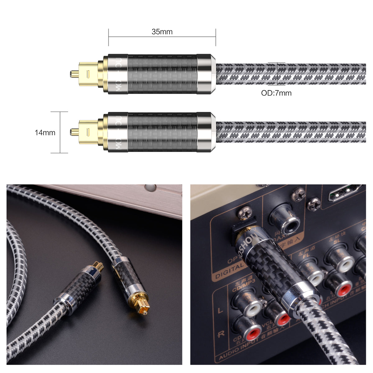 MOSHOU Toslink cable connector dimensions and carbon fiber shell