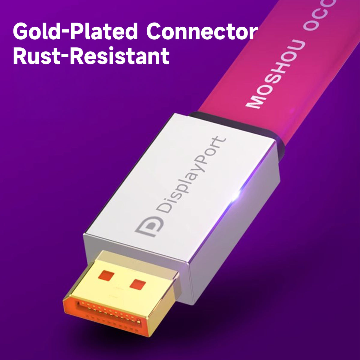 Gold-plated DisplayPort connector on pink flat MOSHOU cable