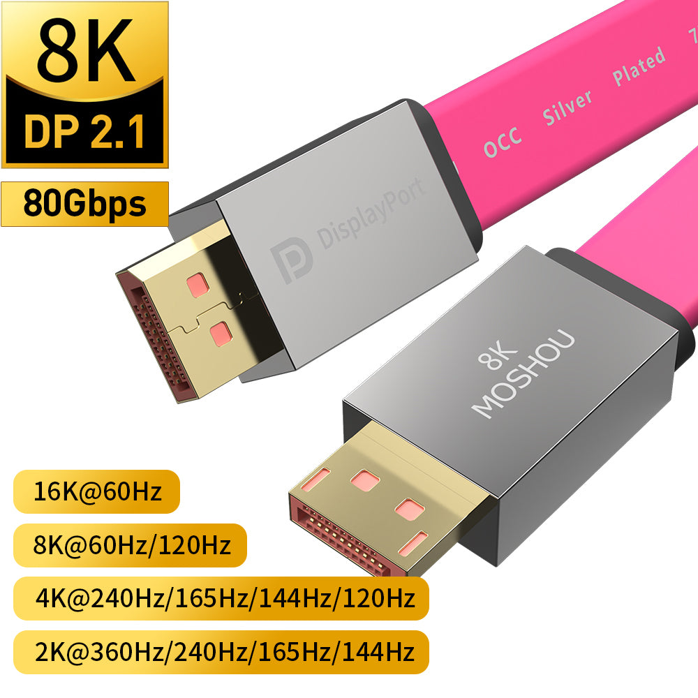 Pink flat DisplayPort 2.1 cable supporting up to 80Gbps and high-refresh display modes