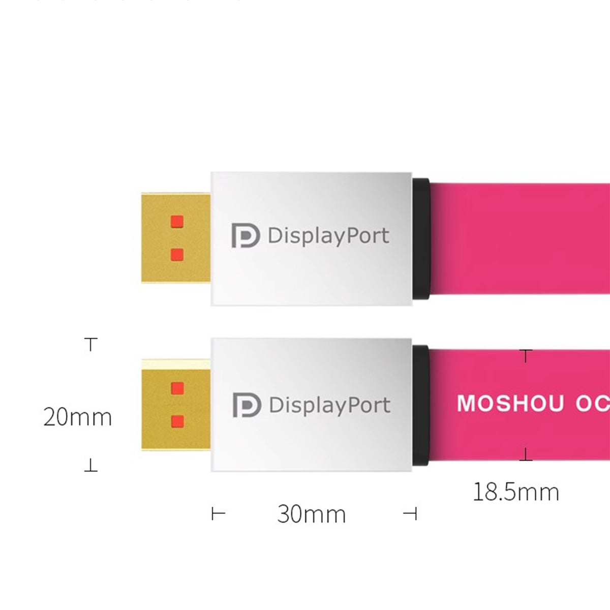 Dimensions of the MOSHOU pink flat DisplayPort 2.1 cable and connector