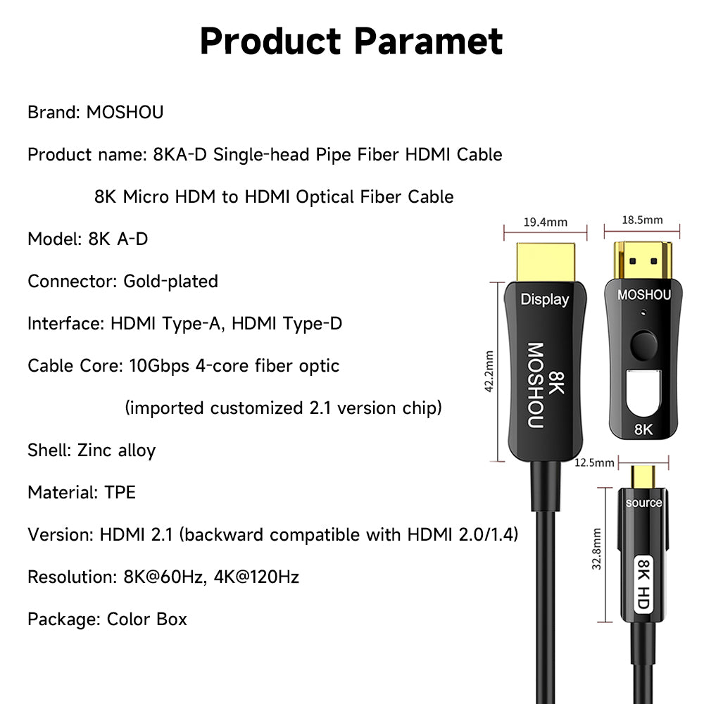 MOSHOU pull-through 8K HDMI fiber optic cable dimensions and parameters