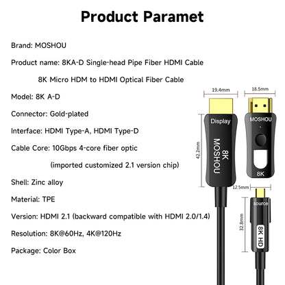 MOSHOU pull-through 8K HDMI fiber optic cable dimensions and parameters