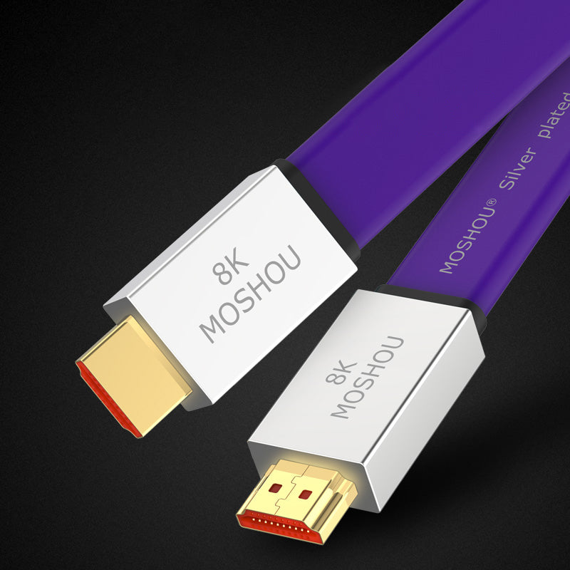 Purple flat HDMI 2.1 cable with silver metal connector housing