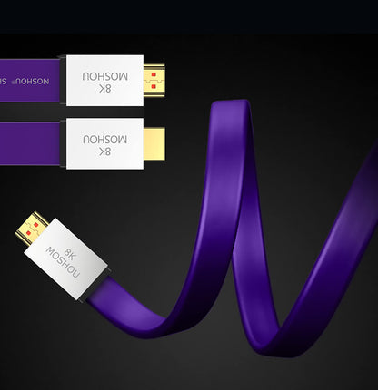 Flexible purple flat MOSHOU HDMI cable arranged on black background