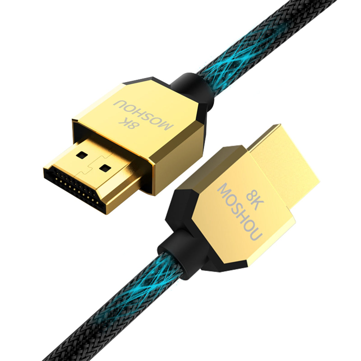 Gold polygon HDMI 2.1 connectors with black braided cable