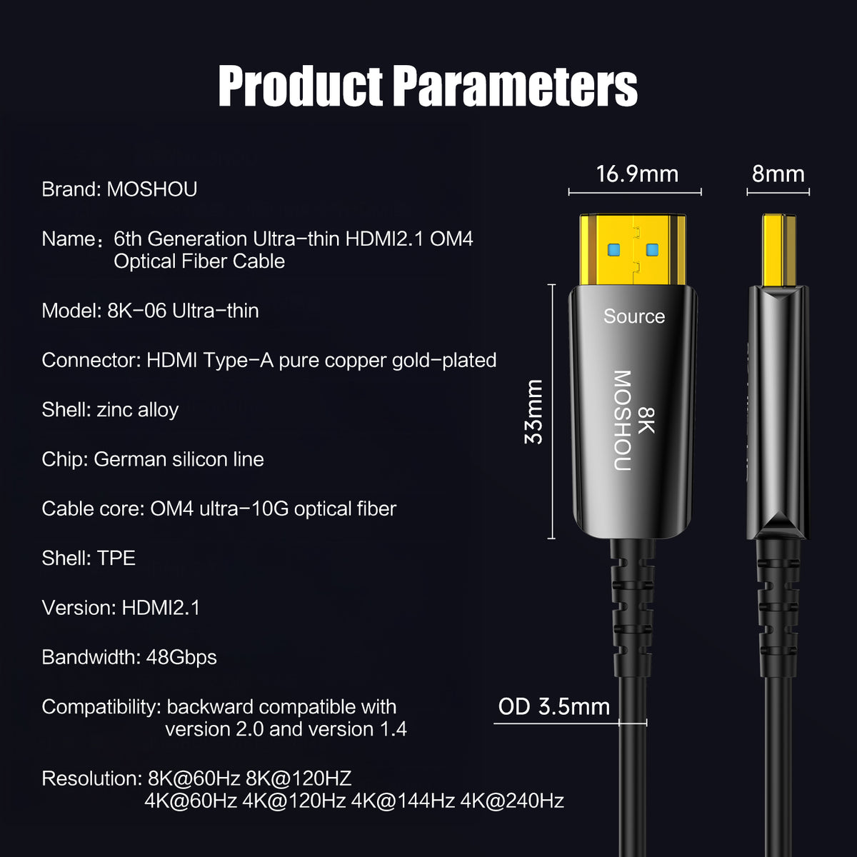 MOSHOU 3.5mm OM4 optical HDMI cable specifications