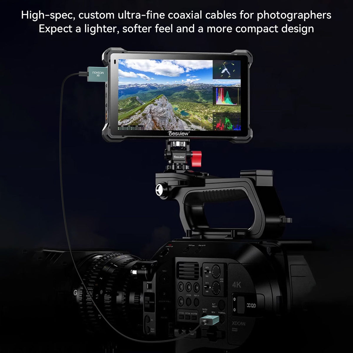 Ultra-slim MOSHOU HDMI cable used with a camera monitor rig