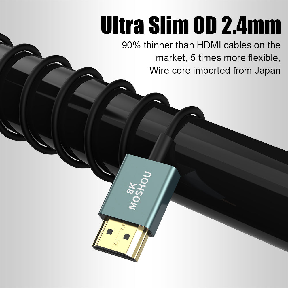 Flexible 2.4mm MOSHOU HDMI cable wrapped around a narrow tube