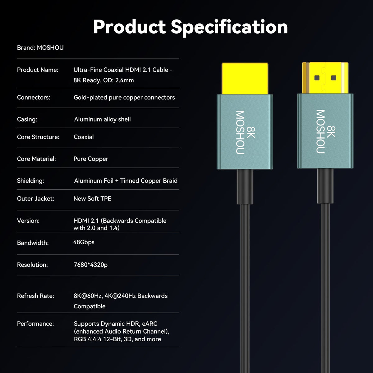Product specifications for MOSHOU ultra-slim 8K HDMI 2.1 cable