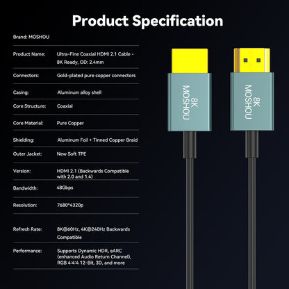 Product specifications for MOSHOU ultra-slim 8K HDMI 2.1 cable